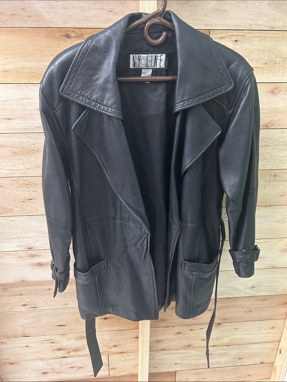 NY Line Women’s Vintage Leather Jacket Black Size Sm Leather Belt Pockets Lined